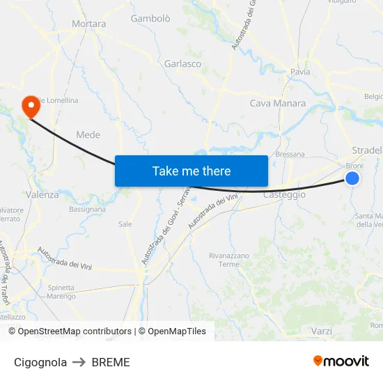 Cigognola to Breme map