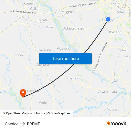 Corsico to Breme map