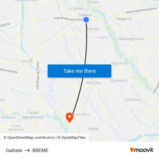 Galliate to Breme map