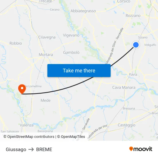 Giussago to Breme map