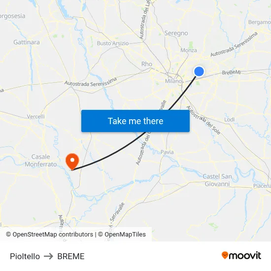 Pioltello to Breme map