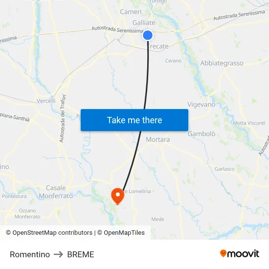 Romentino to Breme map