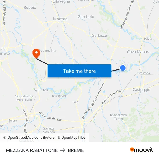 Mezzana Rabattone to Breme map