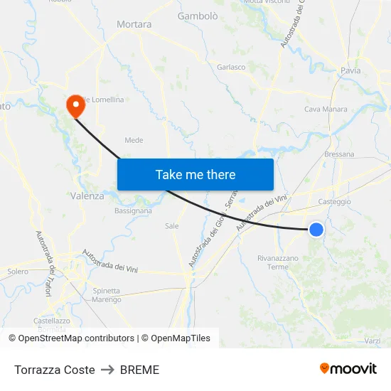 Torrazza Coste to Breme map