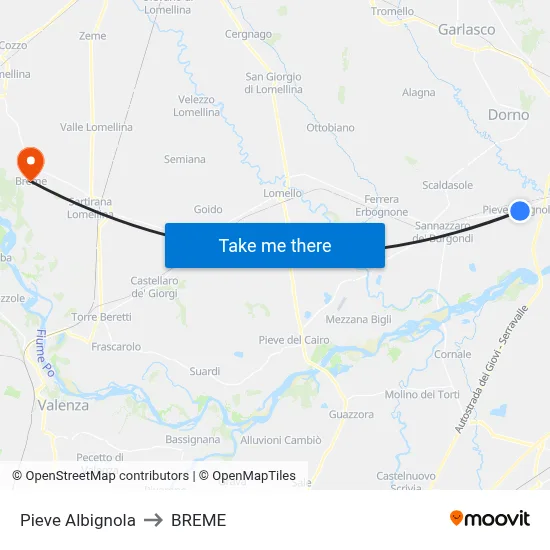 Pieve Albignola to Breme map