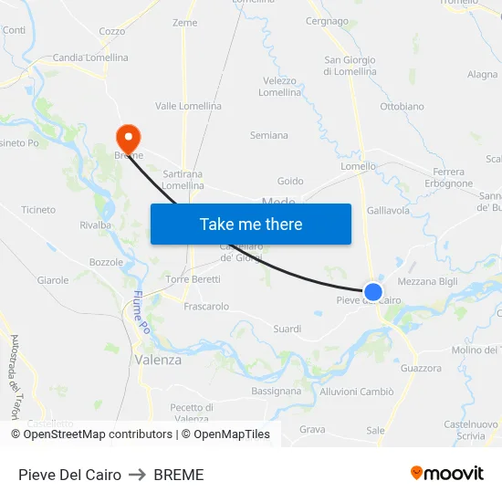 Pieve Del Cairo to Breme map
