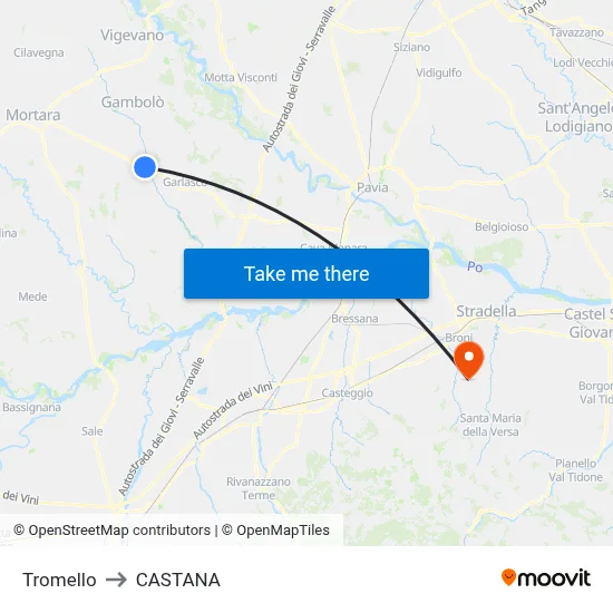 Tromello to Castana map
