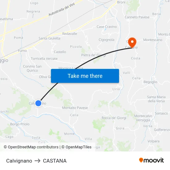 Calvignano to Castana map