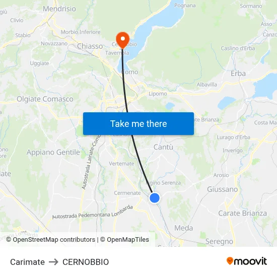 Carimate to Cernobbio map