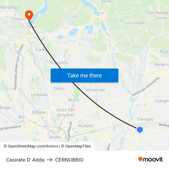 Casirate d'Adda to Cernobbio map