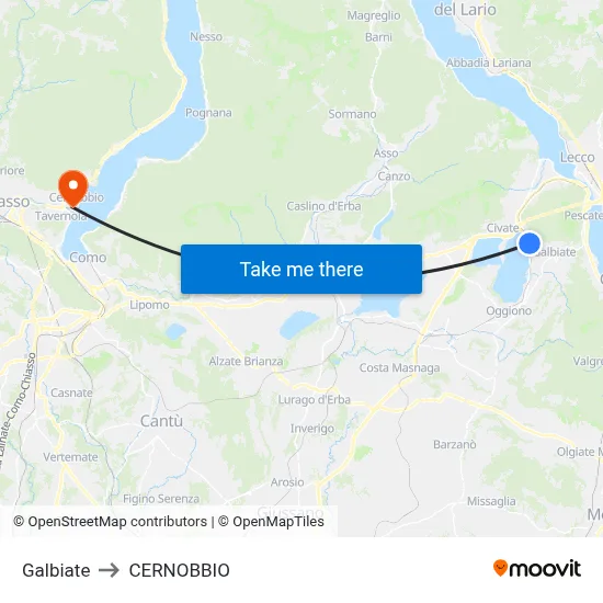 Galbiate to Cernobbio map