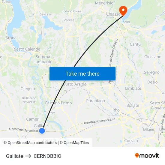 Galliate to Cernobbio map