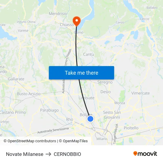 Novate Milanese to Cernobbio map