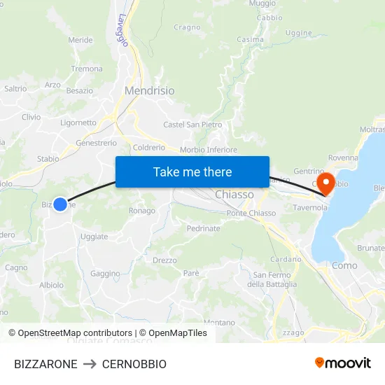 Bizzarone to Cernobbio map