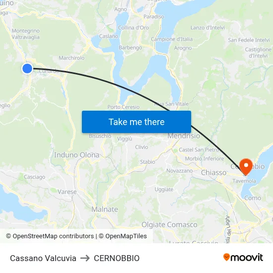 Cassano Valcuvia to Cernobbio map