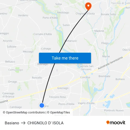 Basiano to Chignolo D' Isola map
