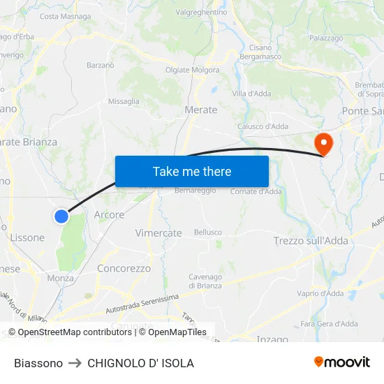 Biassono to CHIGNOLO D' ISOLA map