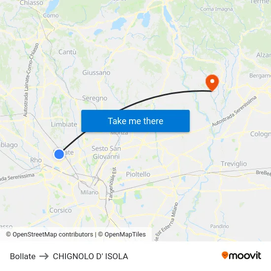Bollate to CHIGNOLO D' ISOLA map