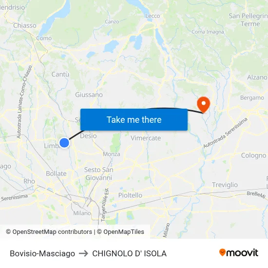 Bovisio-Masciago to Chignolo D' Isola map