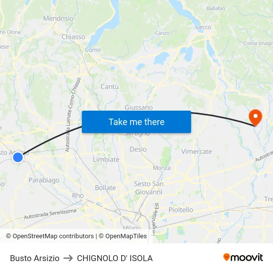 Busto Arsizio to CHIGNOLO D' ISOLA map