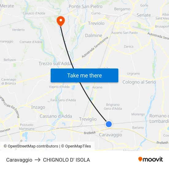 Caravaggio to CHIGNOLO D' ISOLA map