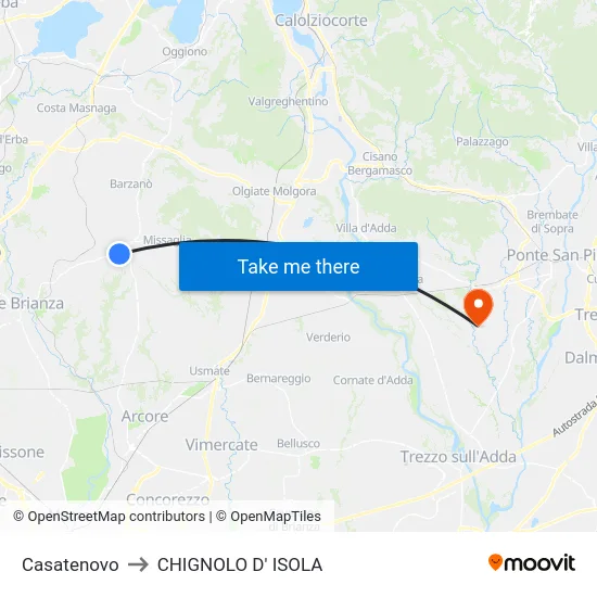 Casatenovo to CHIGNOLO D' ISOLA map