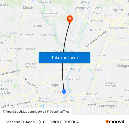 Cassano D'Adda to Chignolo D' Isola map