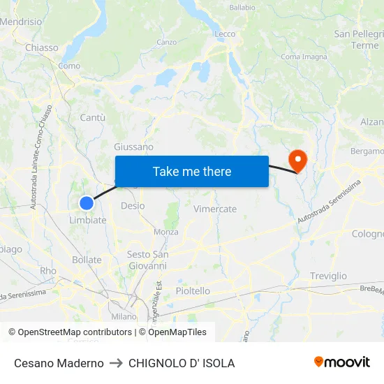 Cesano Maderno to Chignolo D' Isola map