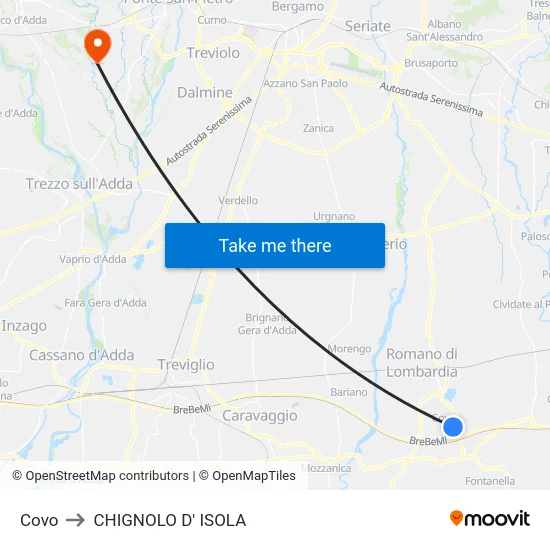 Covo to Chignolo D' Isola map