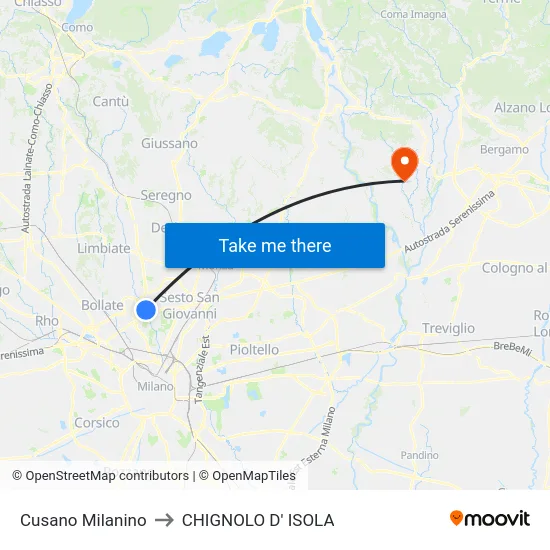 Cusano Milanino to CHIGNOLO D' ISOLA map