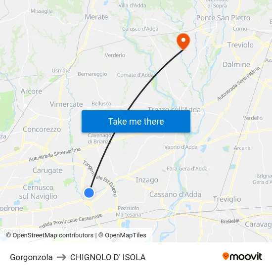 Gorgonzola to Chignolo D' Isola map