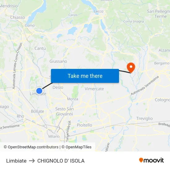 Limbiate to Chignolo D' Isola map