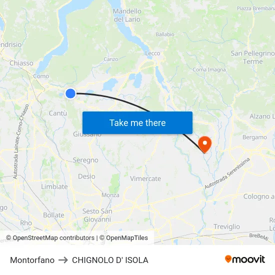 Montorfano to CHIGNOLO D' ISOLA map
