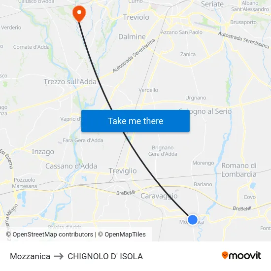 Mozzanica to CHIGNOLO D' ISOLA map