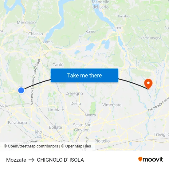 Mozzate to CHIGNOLO D' ISOLA map