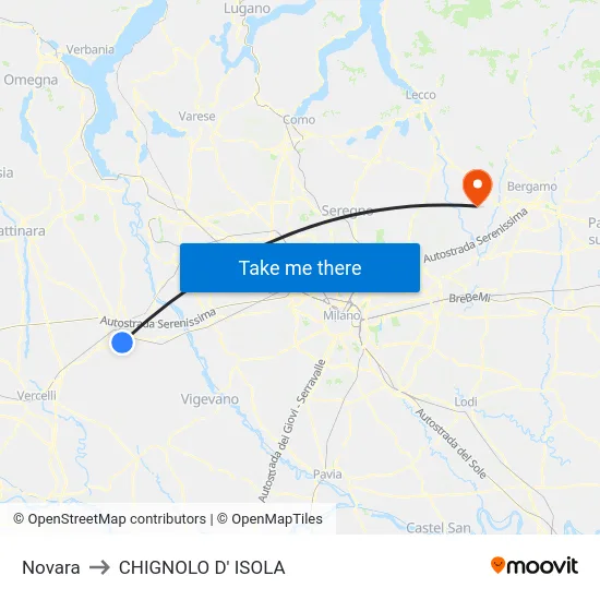 Novara to CHIGNOLO D' ISOLA map