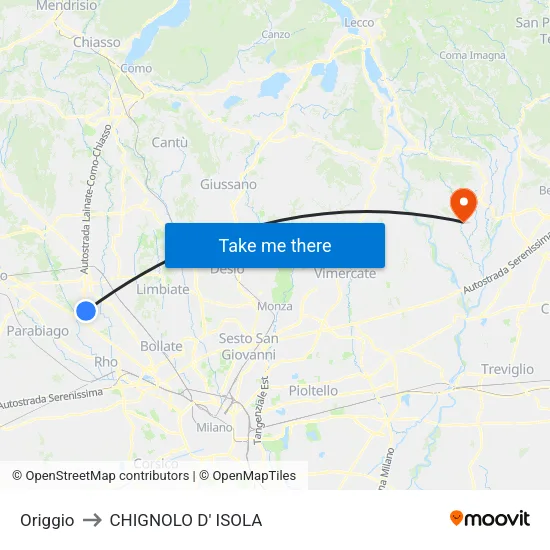 Origgio to Chignolo D' Isola map