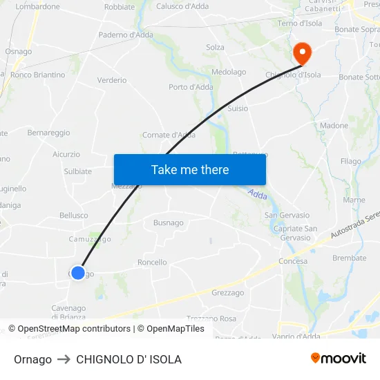 Ornago to CHIGNOLO D' ISOLA map