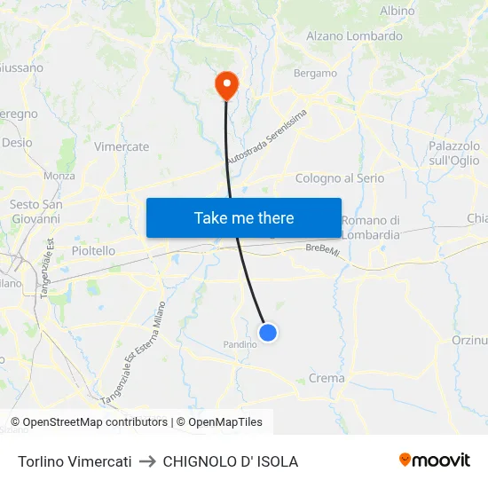 Torlino Vimercati to CHIGNOLO D' ISOLA map