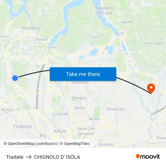 Tradate to CHIGNOLO D' ISOLA map