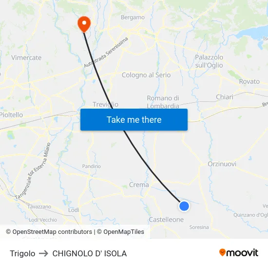 Trigolo to Chignolo D' Isola map
