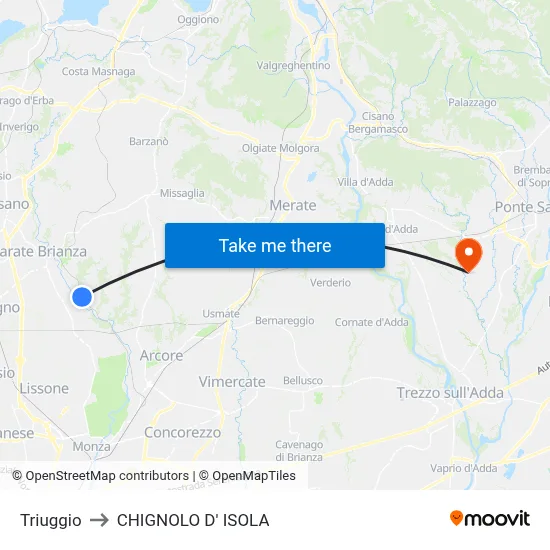 Triuggio to CHIGNOLO D' ISOLA map