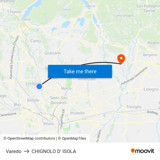 Varedo to CHIGNOLO D' ISOLA map