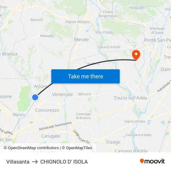 Villasanta to CHIGNOLO D' ISOLA map