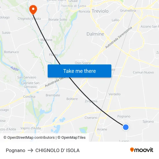 Pognano to CHIGNOLO D' ISOLA map