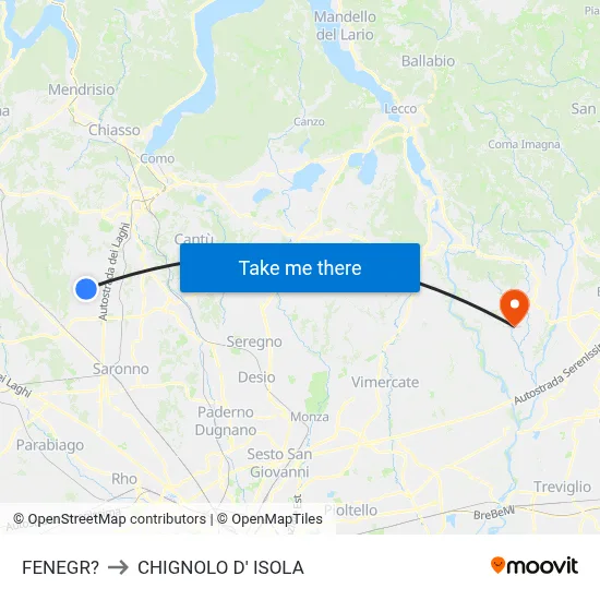Fenegro to Chignolo D' Isola map