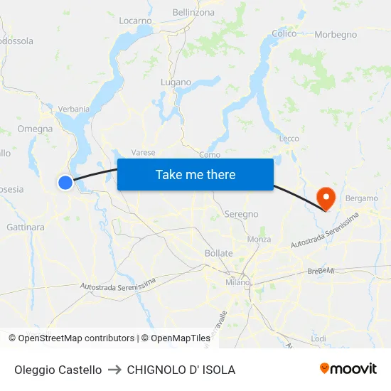 Oleggio Castello to CHIGNOLO D' ISOLA map