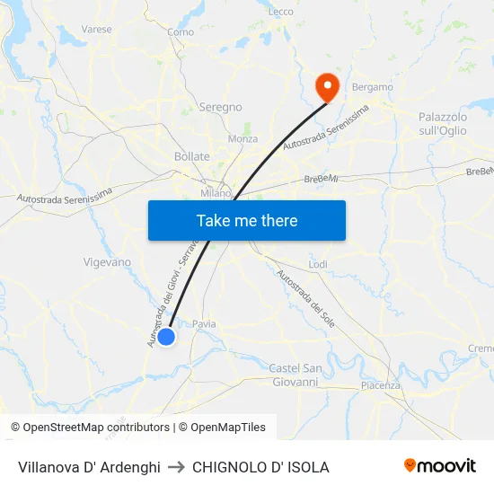 Villanova d'Ardenghi to Chignolo D' Isola map