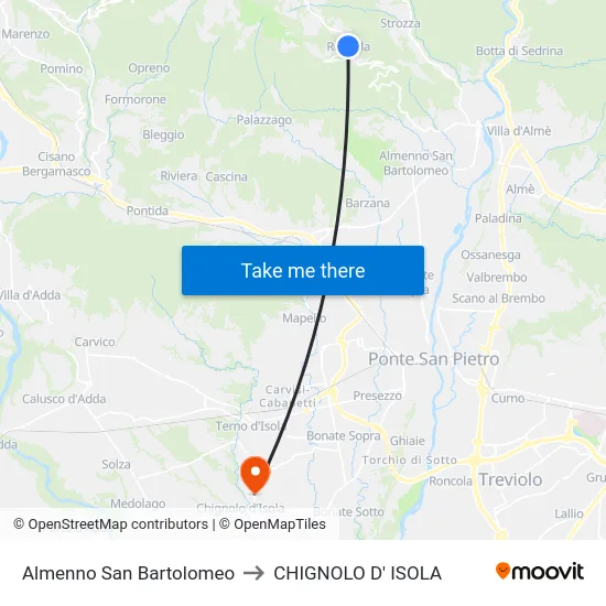 Almenno San Bartolomeo to CHIGNOLO D' ISOLA map