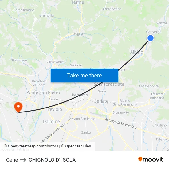 Cene to CHIGNOLO D' ISOLA map